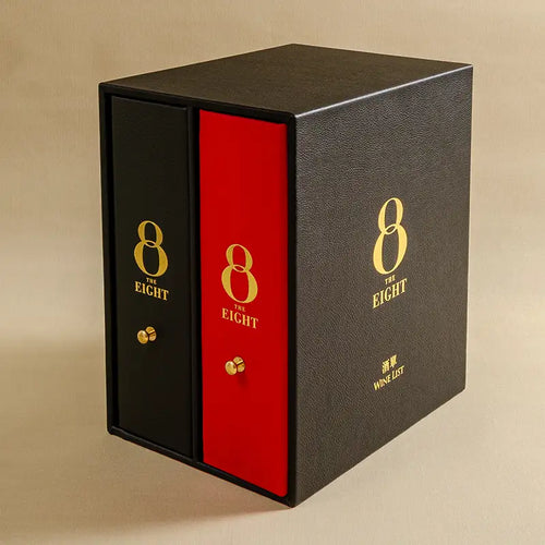Hand made luxury genuine leather ring binder set of two binders in red leather and black leather with gold foil personalisation and a black leather slipcase box also personalised with gold embossed cover. This set will be used as Wine List for a Michelin Star restaurant.