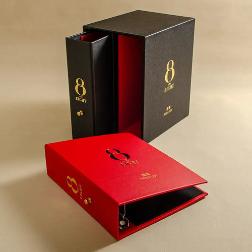 A red and a black genuine leather ring binder set with gold foil personalisation and a black leather slipcase box also gold embossed. This set will be used as Wine List for a Michelin Star restaurant.