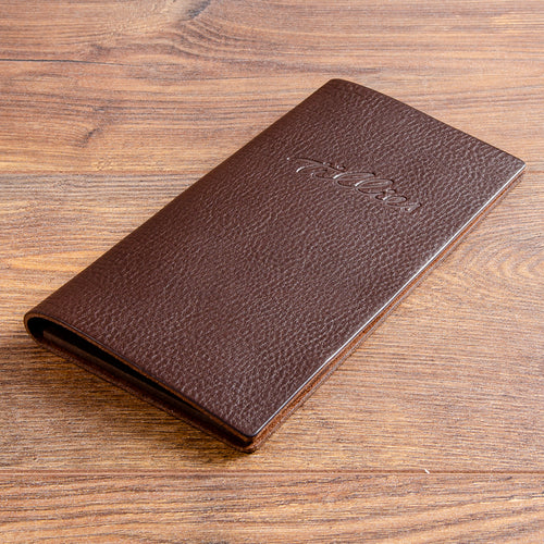 Personalised leather bill presenter with embossed restaurant logo