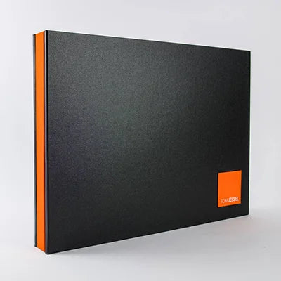 Custom made quality A3 photographers portfolio screw post binder with personalised plaque and white foil emboss.