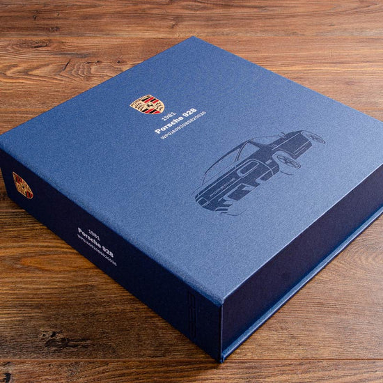 Custom made vehicle document box with full colour printed logos and a picture of a Porsche 928 car