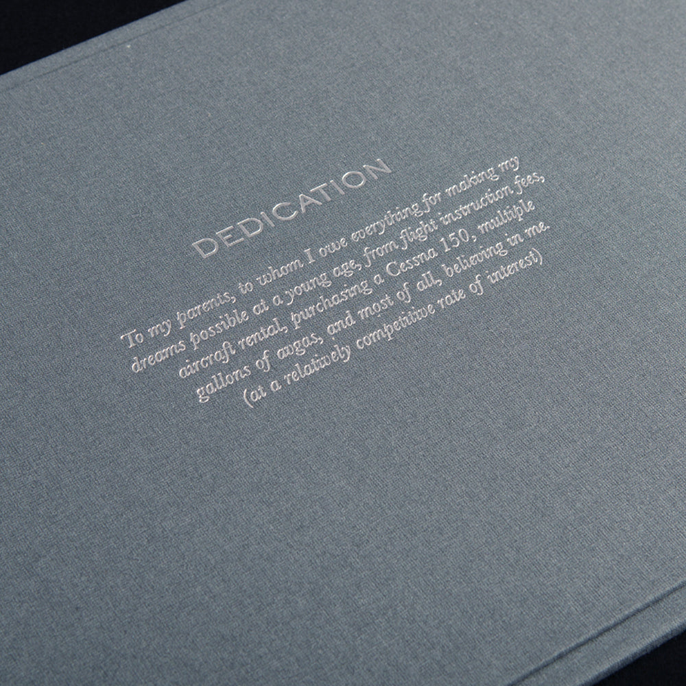 silver foil embossed dedication on grey fabric - Gallery image 5
