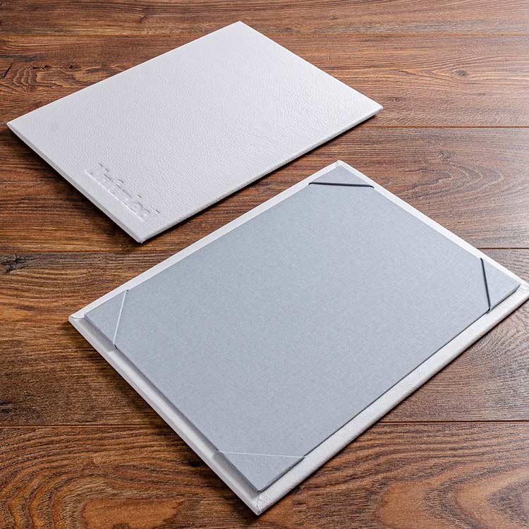 high quality white leather A4 menu boards with personalised cover and soft grey book cloth