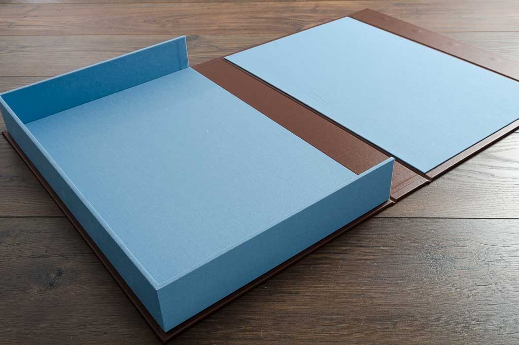 a3 portfolio box in blue book cloth and brown buckram