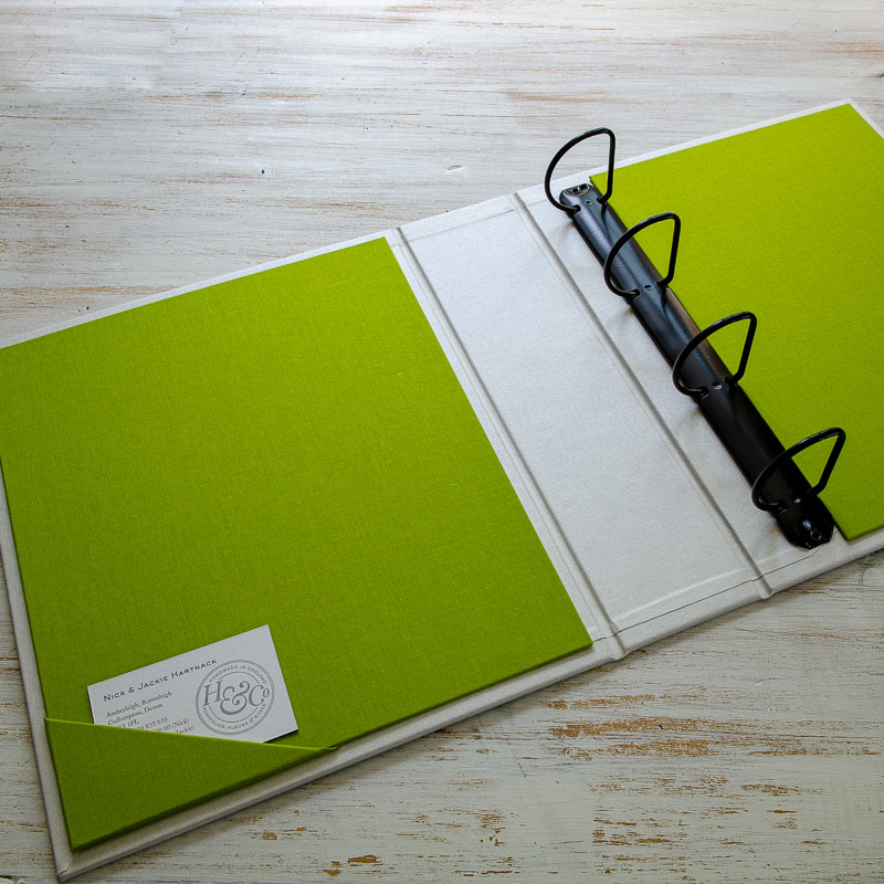 custom made file with black ring binder white cover and green lining and business card pocket - Gallery image 1