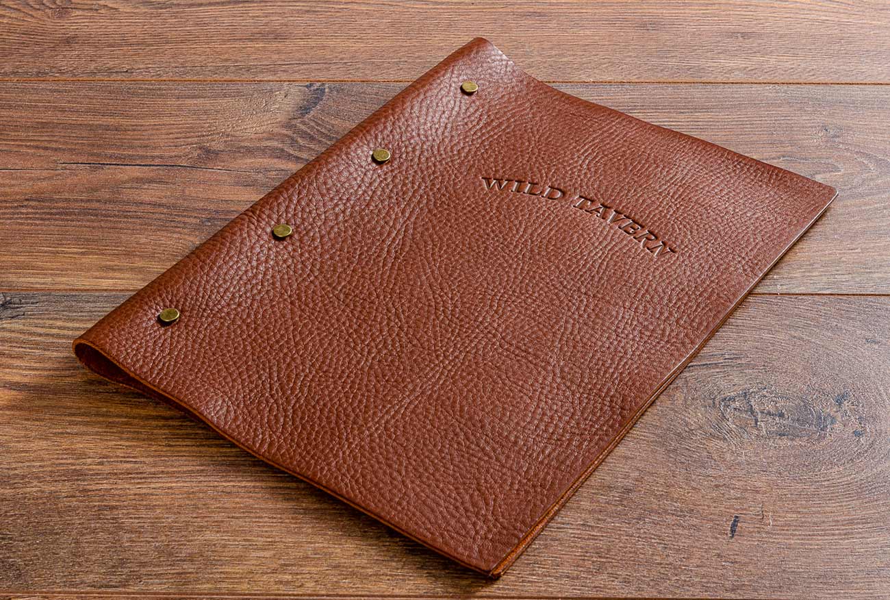 A4 leather screw post menu cover with blind embossed stamping