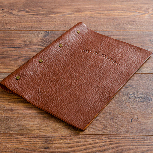 A4 soft leather screw post menu cover with blind embossed stamping