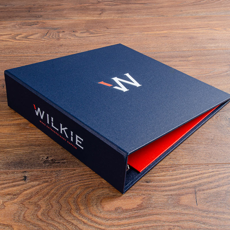 Personalised custom made presentation ring binder in blue with colour printed logos on cover and spine.  - Gallery image 1