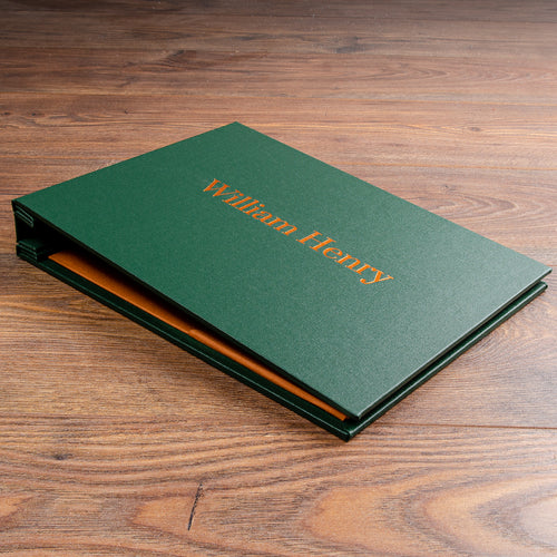 green screw post landscape portfolio book with copper foil personalisation on the cover