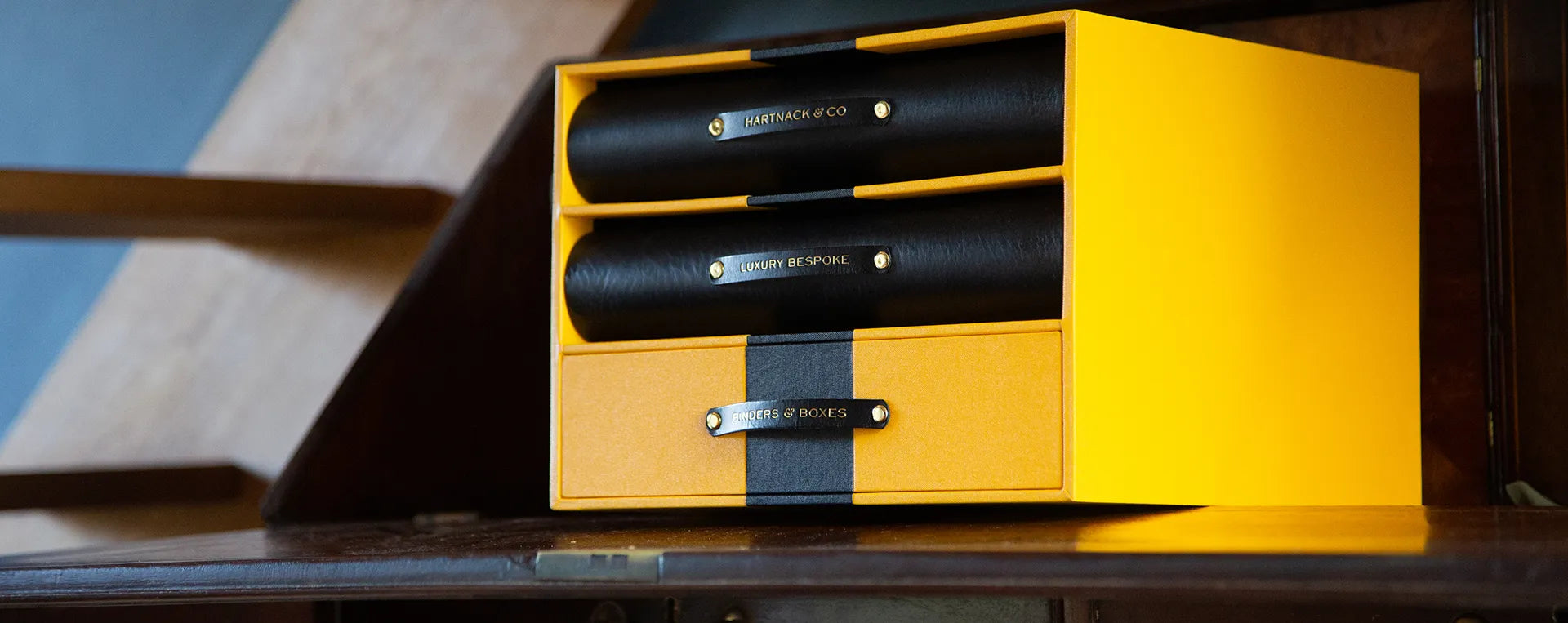 luxury custom made personalised presentation box with a drawer and two bespoke leather binders