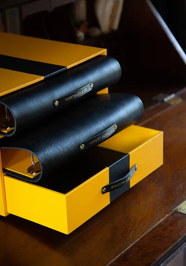luxury custom made personalised presentation box with a drawer and two bespoke leather binders