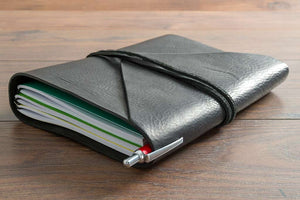 Black Notebook Cover with 3 x A5 Notebooks and Pen with Leather Wrap 