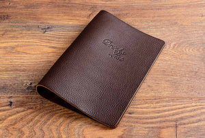 A5 sized leather menu drinks cover in dark brown 2.5mm leather with personalised cover
