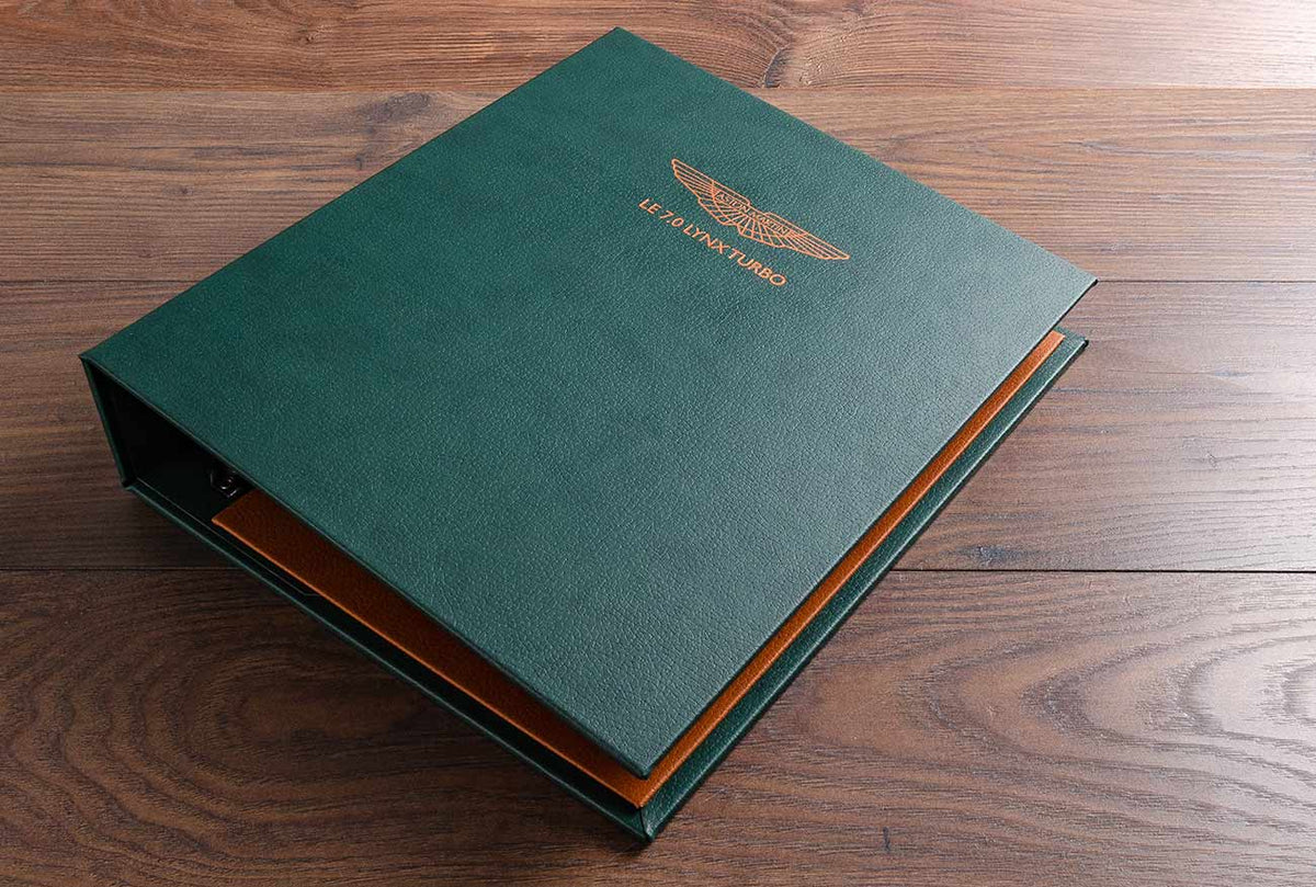 Vehicle document ring binder in Jungle green faux leather with personalised cover in copper foil