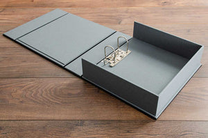 2 ring lever arch mechanism in leather box file. Inner tray and covers in plate grey book cloth