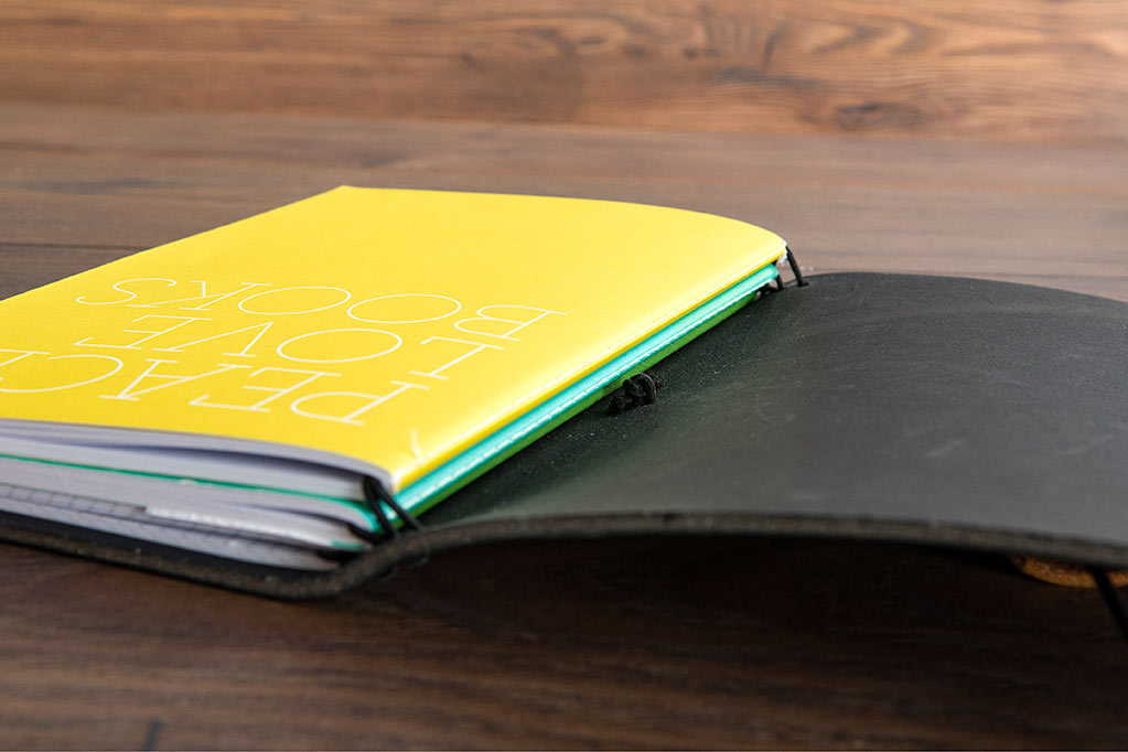 Leather Notebook Cover showing 3 x A5 Notebooks Held in Securely Place