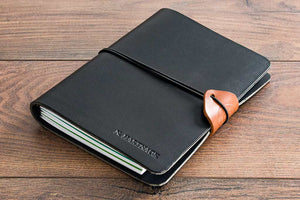 A5 Black Leather Notebook Cover Personalised and Embossed and With an Elastic Cord Holder