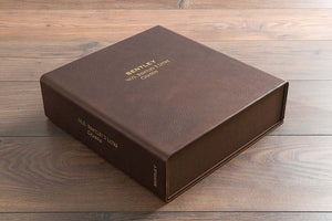 luxury leather box file in brown 2.5mm veg tanned leather with golf foil embossing