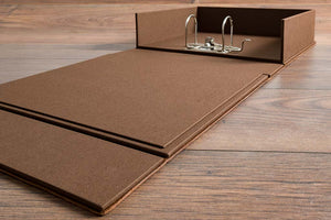 Substantial double layered box tray cover in darling brown book cloth with a 2 ring lever arch mechanism 