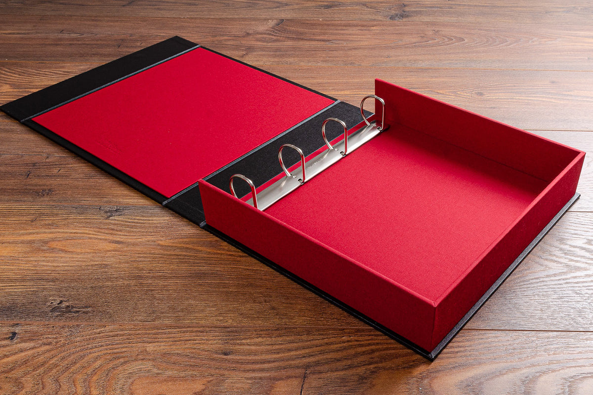 Ring binder box file A4 size with 4 ring D binder in black and red