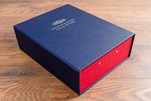 8.5 x11 Blue faux leather and red cloth personalised vehicle history box file with silver foil embossing. Made to the highest quality by hartnack and co