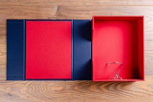 8.5x11 custom made luxury box file in red book cloth and blue faux leather