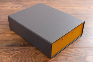 custom made quality box file in beige buckram and yellow book cloth