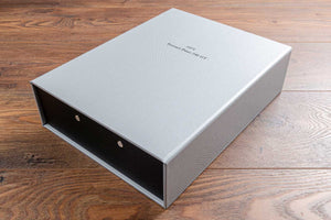 A4 custom made box file in silver and black with embossed black foil cover for Ferrari car history