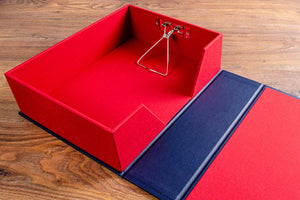 8.5x11 luxury hand made box file in red book cloth and blue faux leather individually hand made by hartnack and company