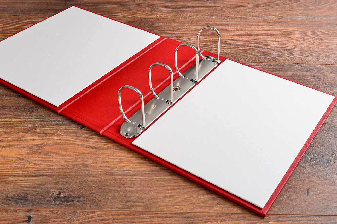 Large 65mm 4 ring D binder mechanism in H&Co ring binder with white buckram fabric inner covers and red fabric outer cover