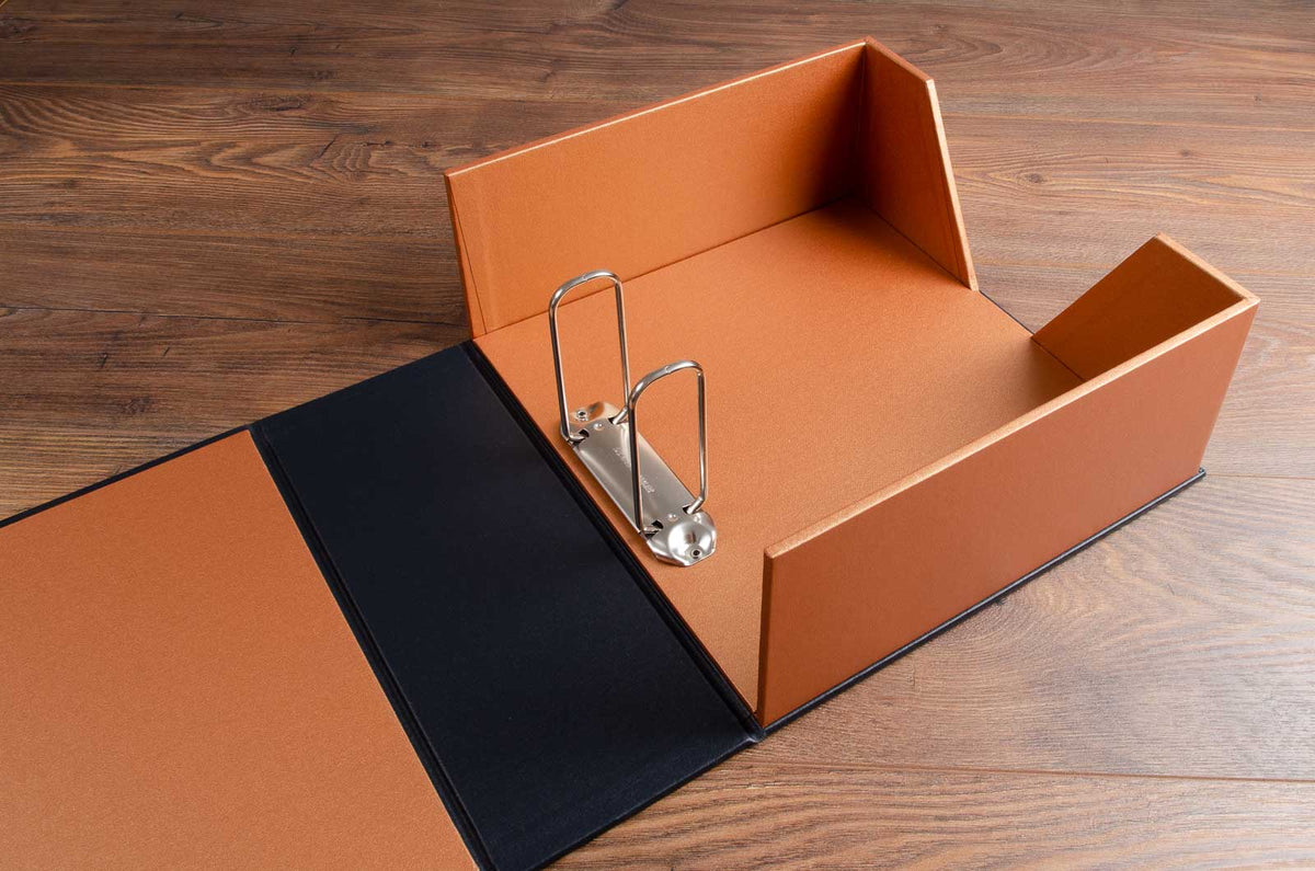 large capacity ring binder box file custom made in luxury cornerline bronw buckram