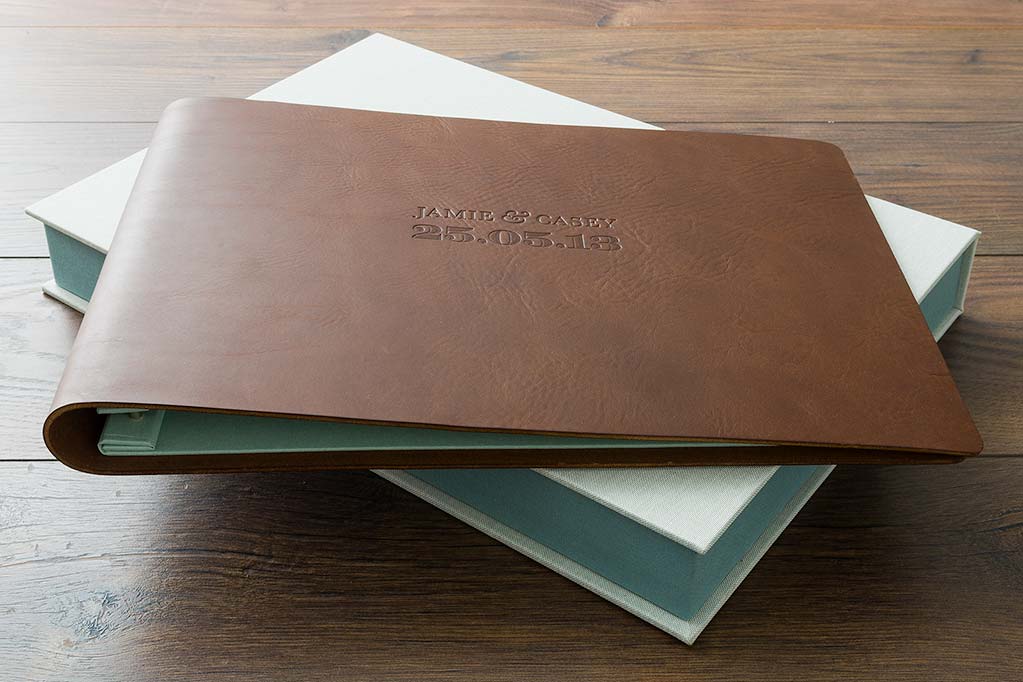 leather wedding album and clamshell keepsake box custom made by H&amp;Co