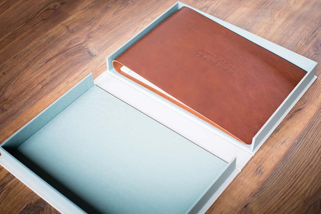 leather wedding album and clamshell keepsake box custom made by H&Co
