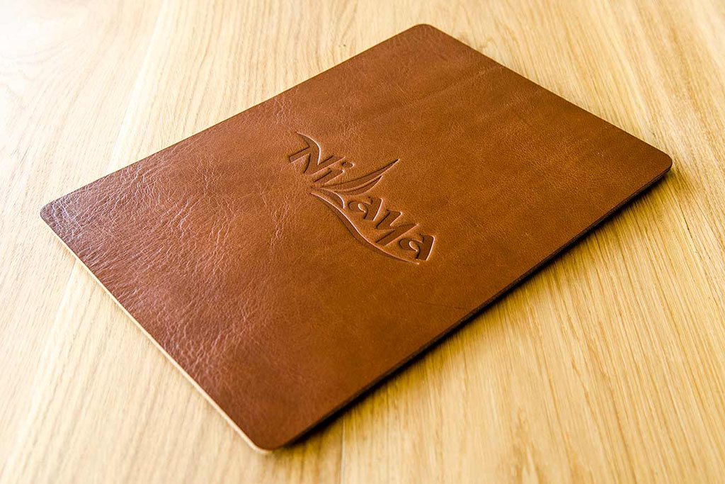 A4 leather menu holder in 3.5mm brown leather