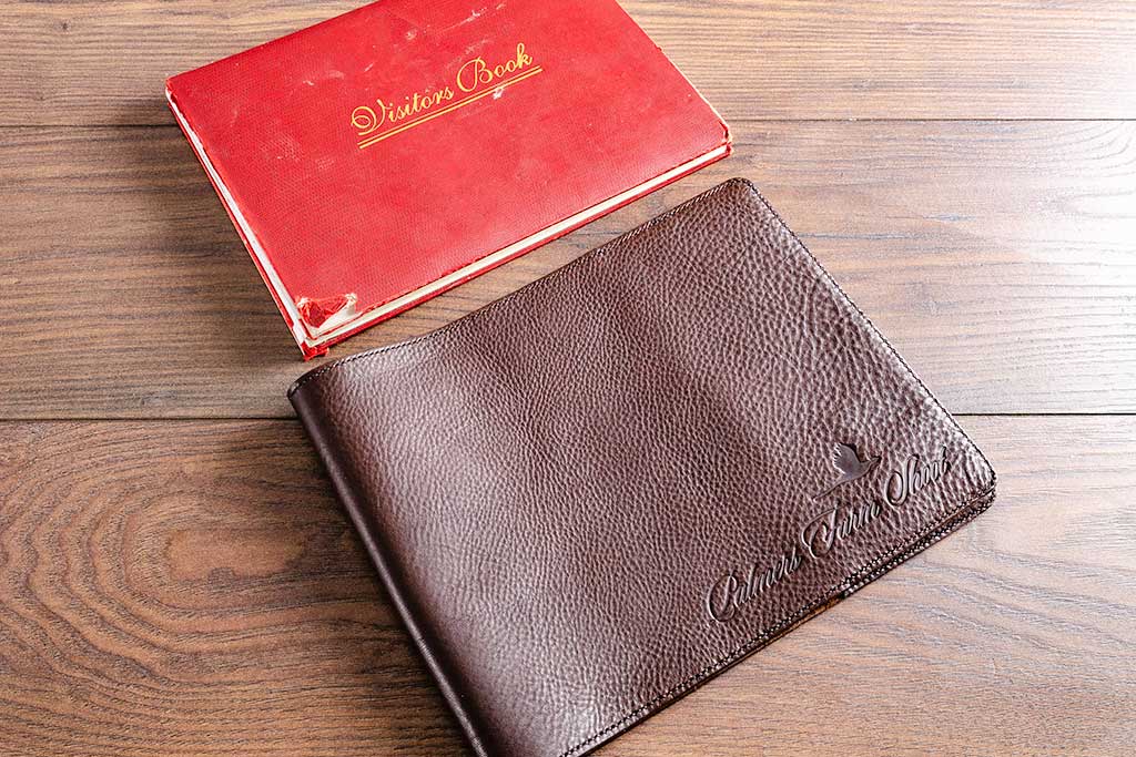 H&Co leather book jackets can be made to fit any size of log book or guest book and are available in different leather colours