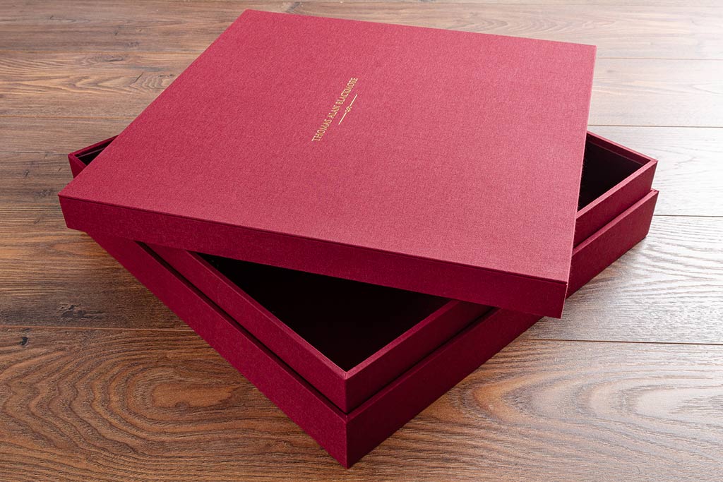 Square box with fitted lid in red book cloth and gold foil personalisation