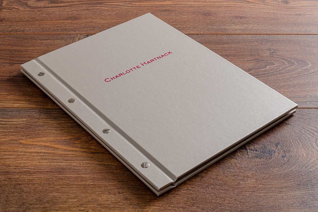 Personalised exposed screw post certificate folder in Beige Buckram and matching foil personalisation