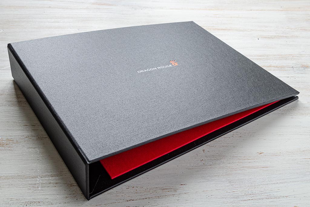 A4 landscape ring binder visitors and guest book in charcoal black with the company logo foiled on the cover