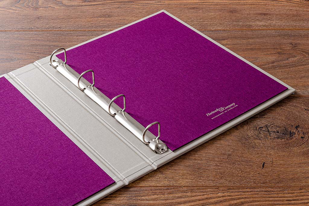 Personalised ring binder for car history and documents in beige buckram and embossed cover