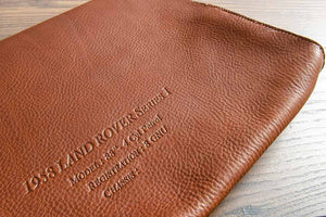 Blind Debossed Personalisation Detail on Tan Leather Document Wallet