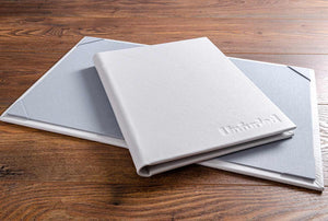 A4 2 page menu cover in white genuine leather with blind embossed personalisation