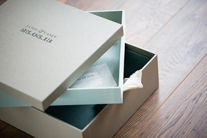 The top of the wedding box has been personalised in the bride and grooms special stationery
